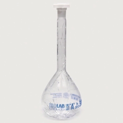 Picture of Volumetric flasks, borosilicate glass 3.3, class A, blue graduated, with PE stoppers, coated