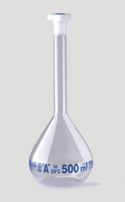 Picture of Volumetric flasks, borosilicate glass 3.3, class A, blue graduated, with PE stoppers