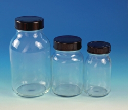 Afbeelding Wide neck bottles, clear glass, with screw cap, plastic