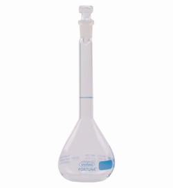 Picture of Volumetric Flasks Volac FORTUNA<sup>&reg;</sup>, boro 3.3, class A, with glass stoppers, blue graduation